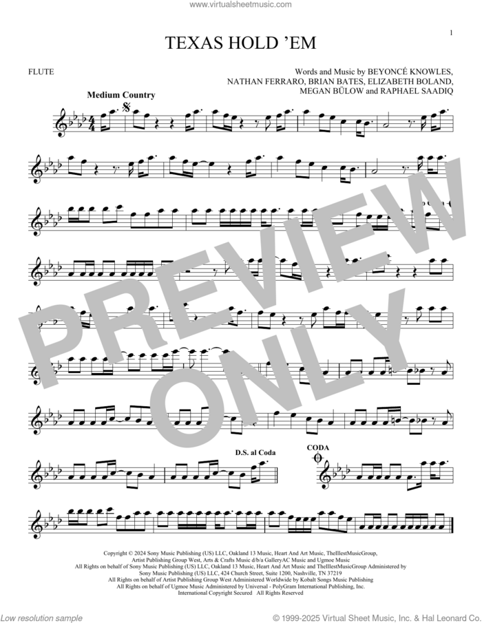 Texas Hold 'Em sheet music for flute solo by Raphael Saadiq, Beyonce, Beyonce Knowles, Brian Bates, Elizabeth Boland, Megan Bulow and Nathan Ferraro, intermediate skill level