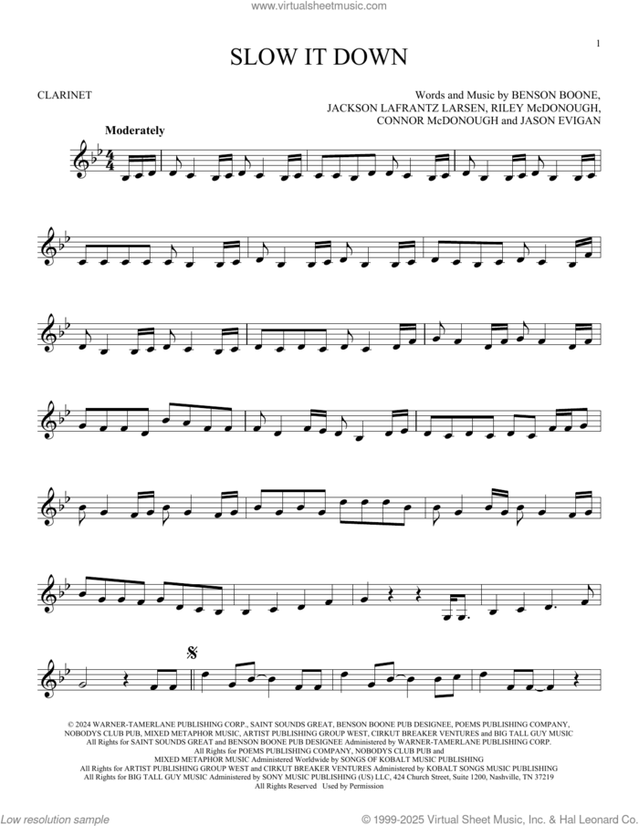 Slow It Down sheet music for clarinet solo by Benson Boone, Connor McDonough, Jackson Lafrantz Larsen, Jason Evigan and Riley McDonough, intermediate skill level