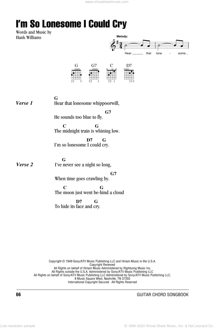 I'm So Lonesome I Could Cry sheet music for guitar (chords) by Hank Williams and Elvis Presley, intermediate skill level