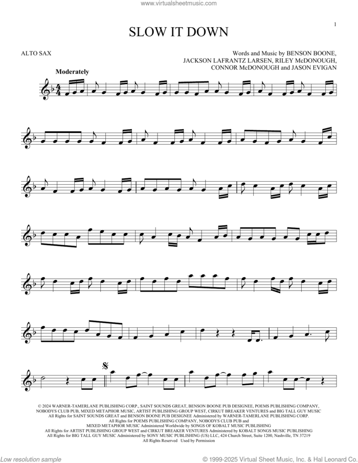 Slow It Down sheet music for alto saxophone solo by Benson Boone, Connor McDonough, Jackson Lafrantz Larsen, Jason Evigan and Riley McDonough, intermediate skill level