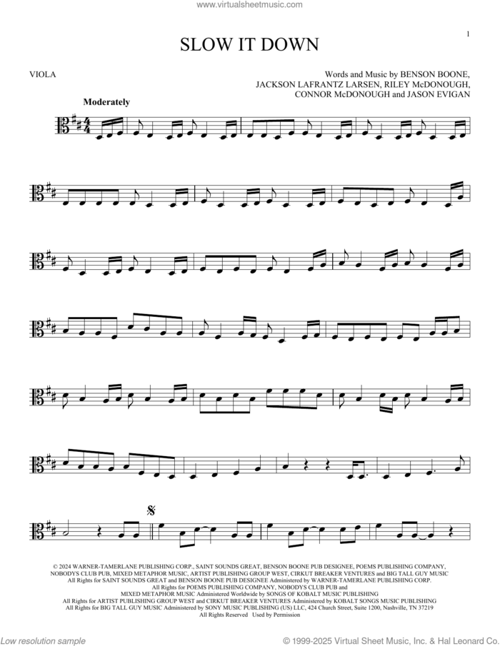 Slow It Down sheet music for viola solo by Benson Boone, Connor McDonough, Jackson Lafrantz Larsen, Jason Evigan and Riley McDonough, intermediate skill level