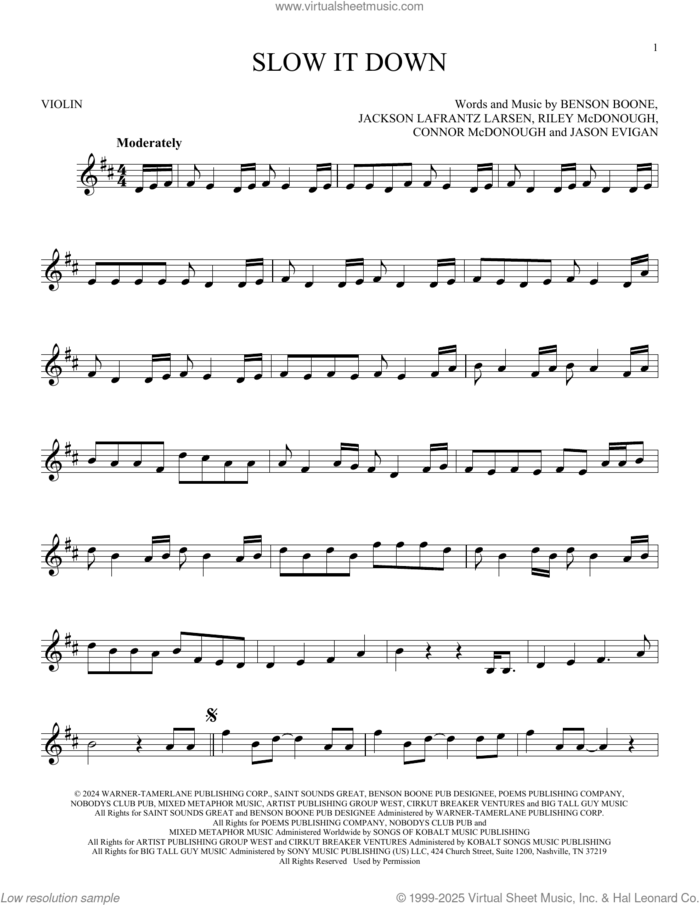 Slow It Down sheet music for violin solo by Benson Boone, Connor McDonough, Jackson Lafrantz Larsen, Jason Evigan and Riley McDonough, intermediate skill level