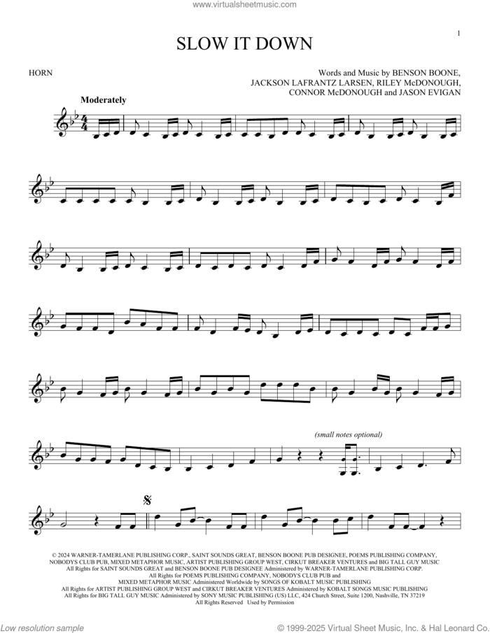 Slow It Down sheet music for horn solo by Benson Boone, Connor McDonough, Jackson Lafrantz Larsen, Jason Evigan and Riley McDonough, intermediate skill level