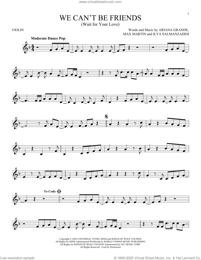 We Can't Be Friends (Wait For Your Love) sheet music for violin solo by Ariana Grande, Ilya Salmanzadeh and Max Martin, intermediate skill level