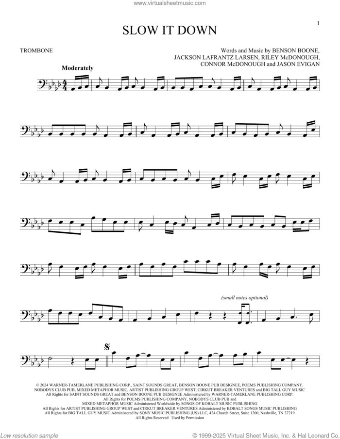 Slow It Down sheet music for trombone solo by Benson Boone, Connor McDonough, Jackson Lafrantz Larsen, Jason Evigan and Riley McDonough, intermediate skill level