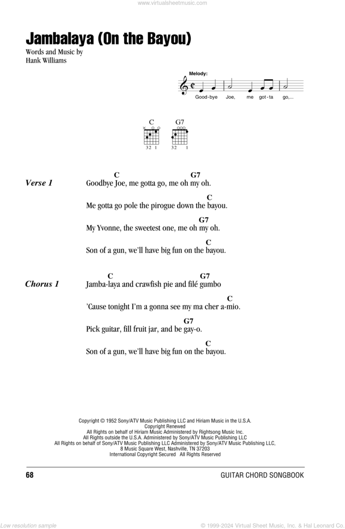 Jambalaya (On The Bayou) sheet music for guitar (chords) by Hank Williams, intermediate skill level