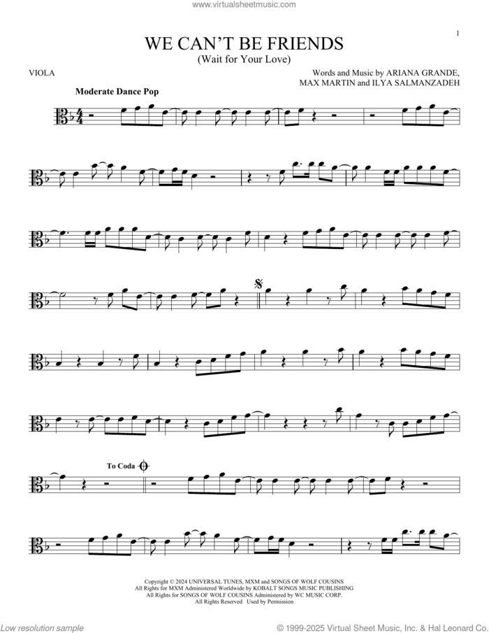 We Can't Be Friends (Wait For Your Love) sheet music for viola solo by Ariana Grande, Ilya Salmanzadeh and Max Martin, intermediate skill level