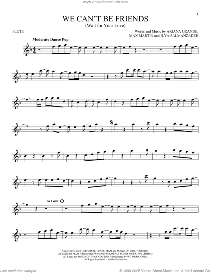 We Can't Be Friends (Wait For Your Love) sheet music for flute solo by Ariana Grande, Ilya Salmanzadeh and Max Martin, intermediate skill level