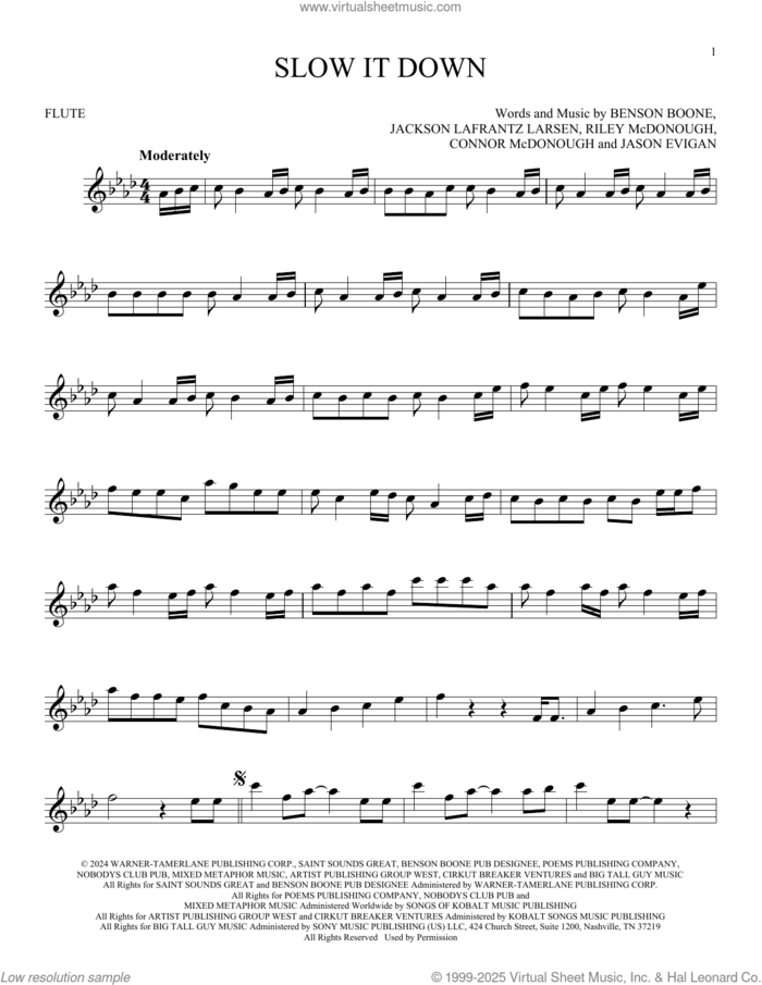Slow It Down sheet music for flute solo by Benson Boone, Connor McDonough, Jackson Lafrantz Larsen, Jason Evigan and Riley McDonough, intermediate skill level