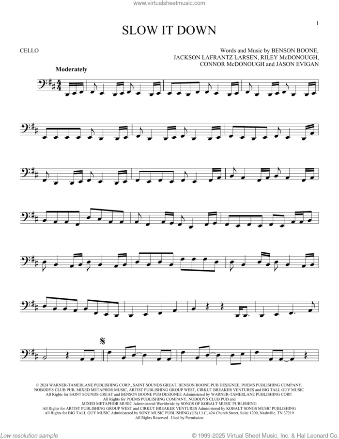 Slow It Down sheet music for cello solo by Benson Boone, Connor McDonough, Jackson Lafrantz Larsen, Jason Evigan and Riley McDonough, intermediate skill level