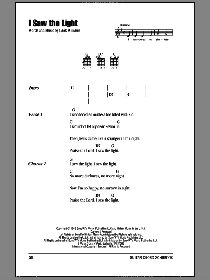 I Saw The Light sheet music for guitar (chords) by Hank Williams, intermediate skill level