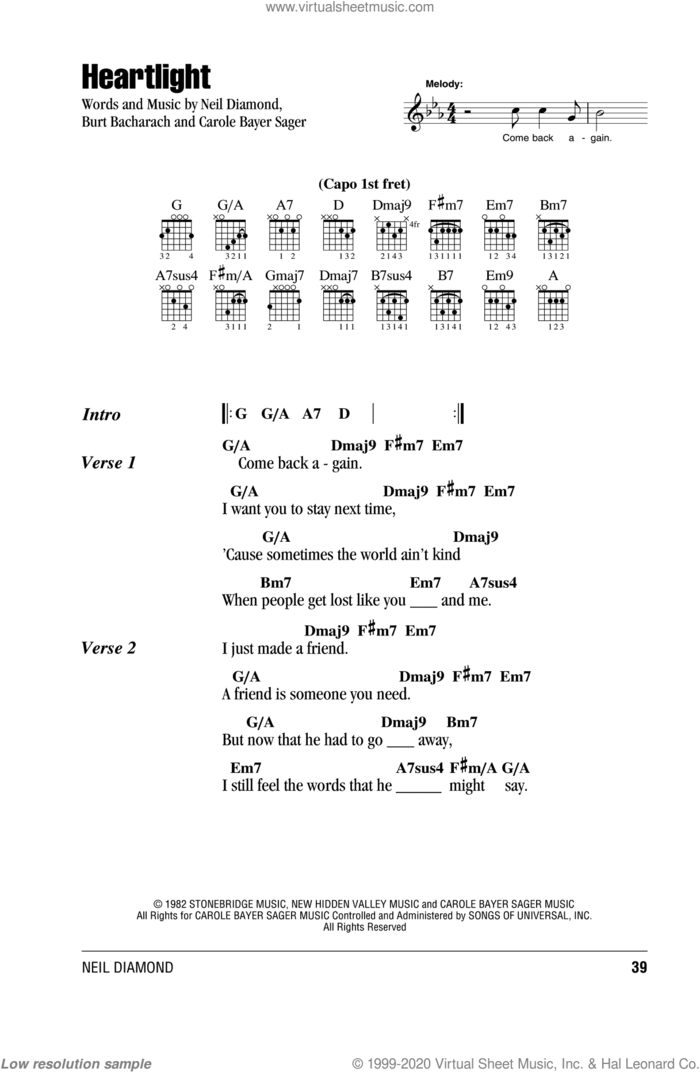 Heartlight sheet music for guitar (chords) by Neil Diamond, Burt Bacharach and Carole Bayer Sager, intermediate skill level