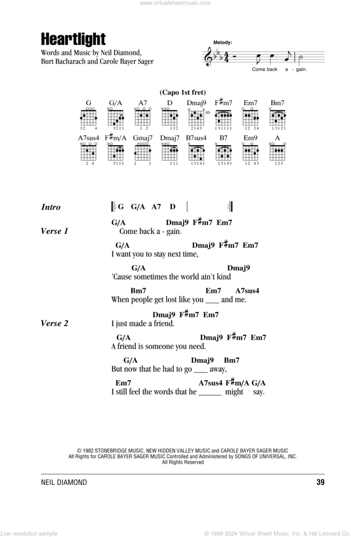 Heartlight sheet music for guitar (chords) by Neil Diamond, Burt Bacharach and Carole Bayer Sager, intermediate skill level