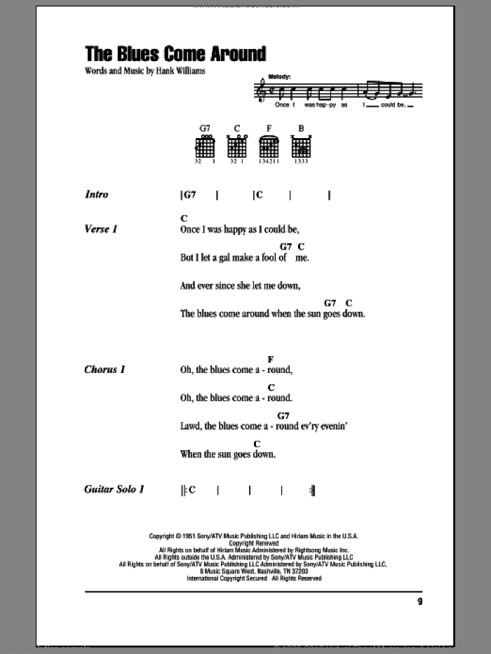 The Blues Come Around sheet music for guitar (chords) by Hank Williams, intermediate skill level