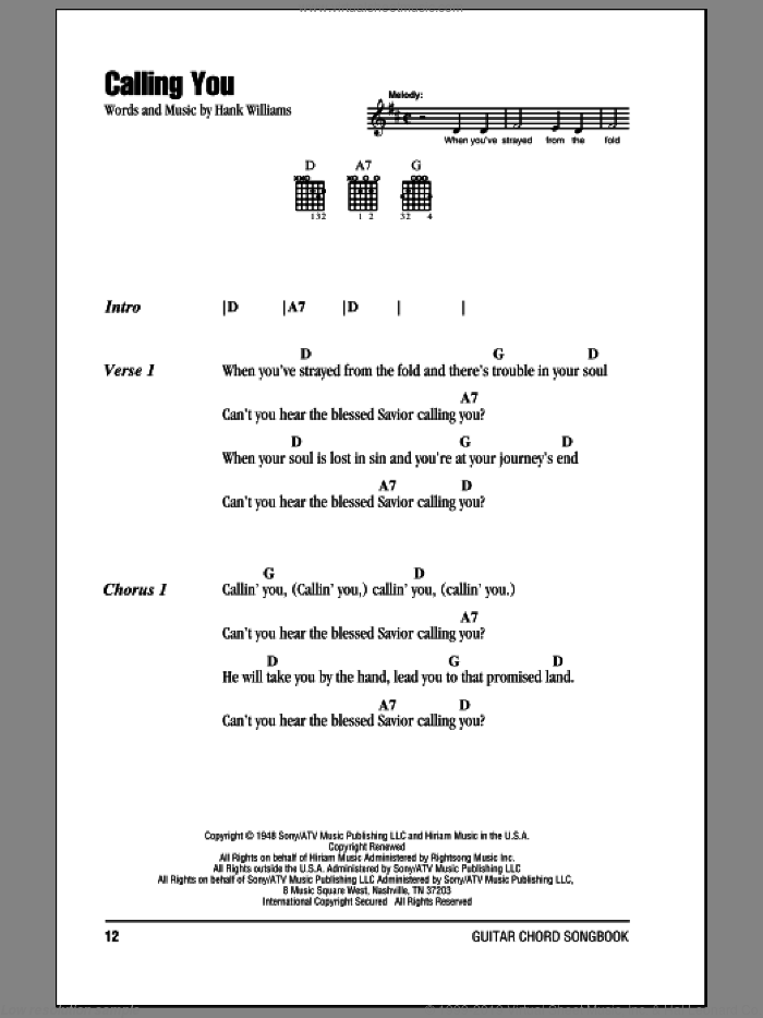 Calling You sheet music for guitar (chords) by Hank Williams, intermediate skill level