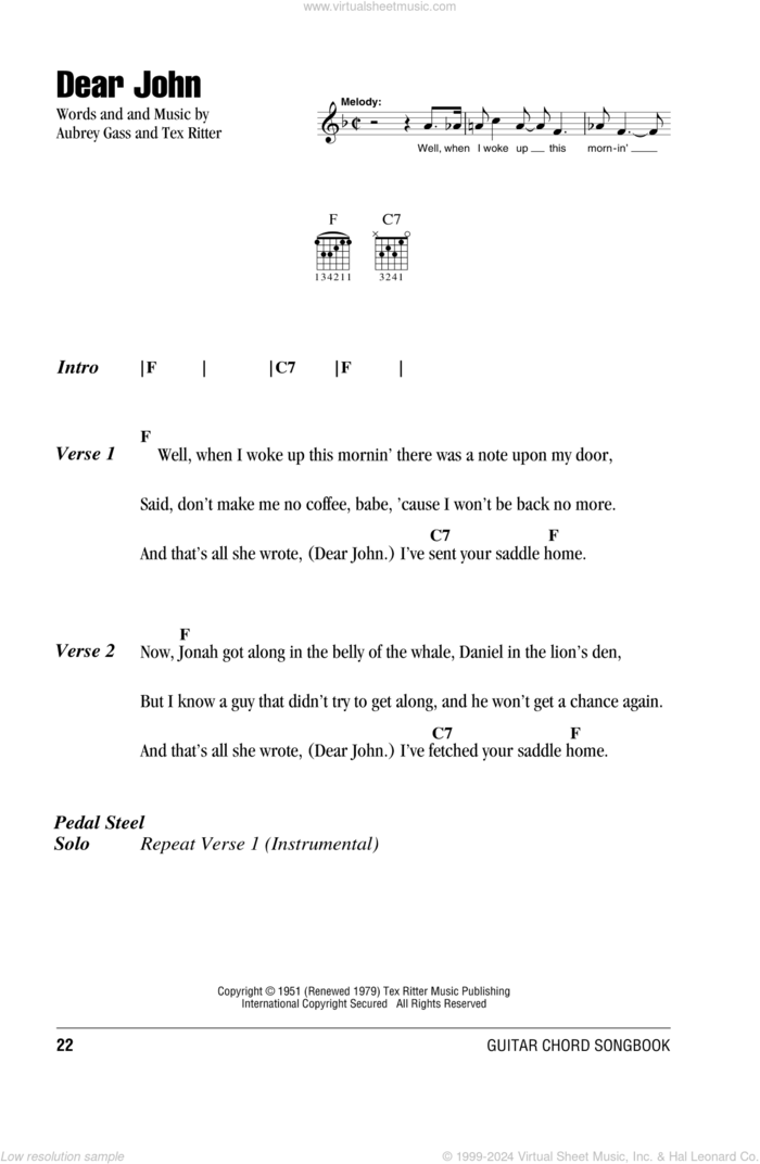 Dear John sheet music for guitar (chords) by Hank Williams, Aubrey Gass and Tex Ritter, intermediate skill level