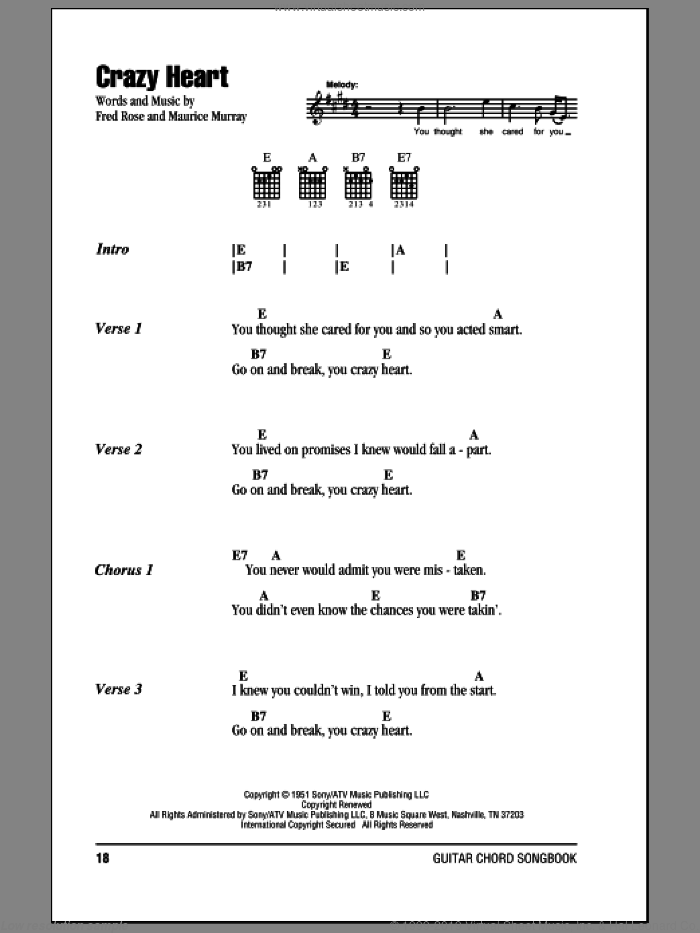 Williams Crazy Heart Sheet Music For Guitar Chords Pdf