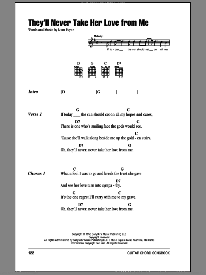 They'll Never Take Her Love From Me sheet music for guitar (chords) by Hank Williams and Leon Payne, intermediate skill level