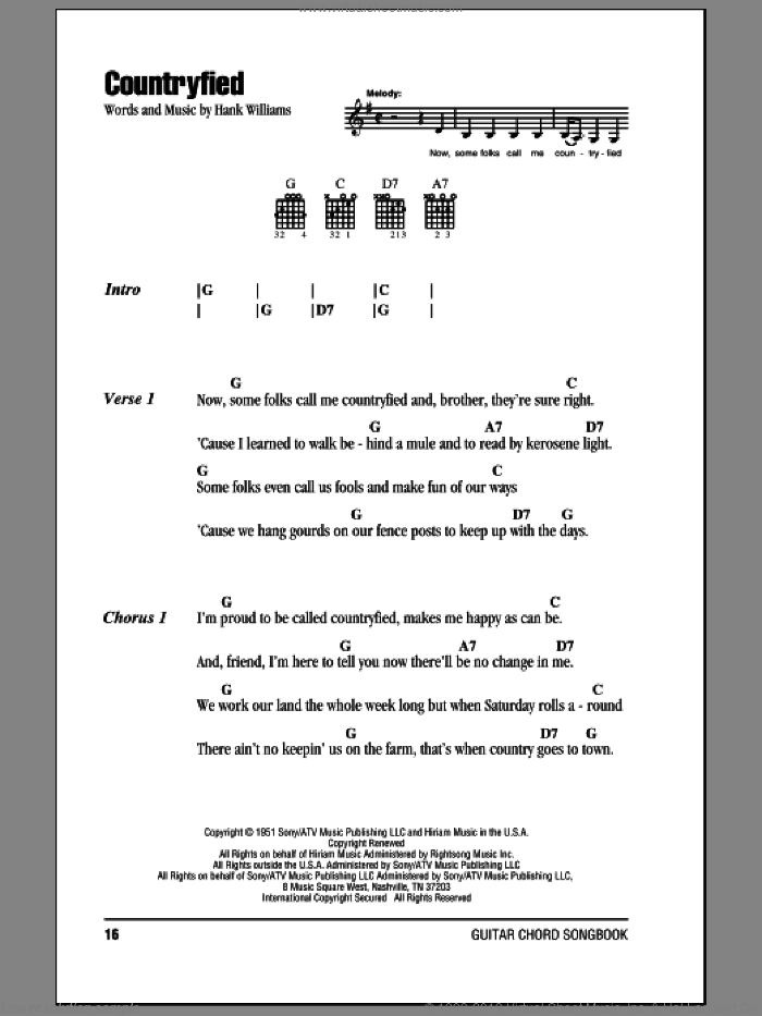 Countryfied sheet music for guitar (chords) by Hank Williams, intermediate skill level