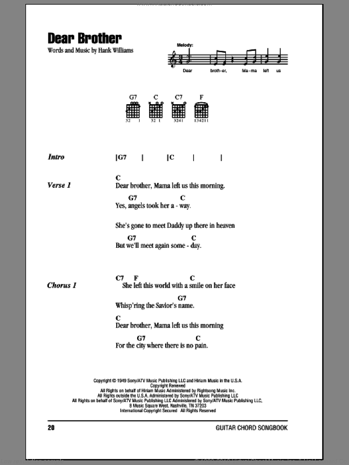 Dear Brother sheet music for guitar (chords) by Hank Williams, intermediate skill level