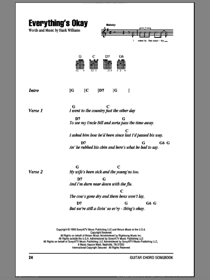 Everything's Okay sheet music for guitar (chords) by Hank Williams, intermediate skill level