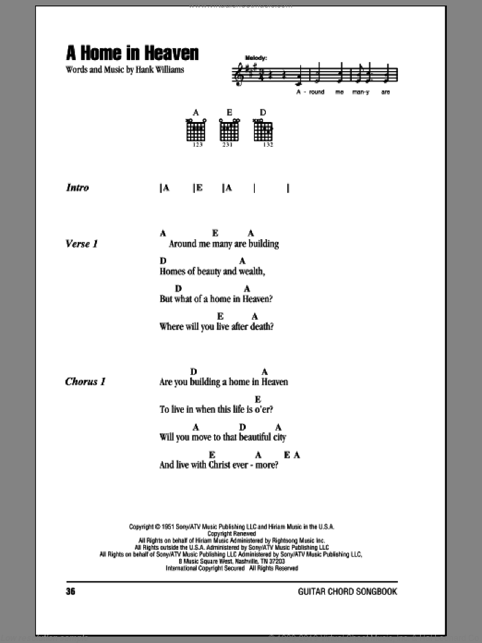 A Home In Heaven sheet music for guitar (chords) by Hank Williams, intermediate skill level