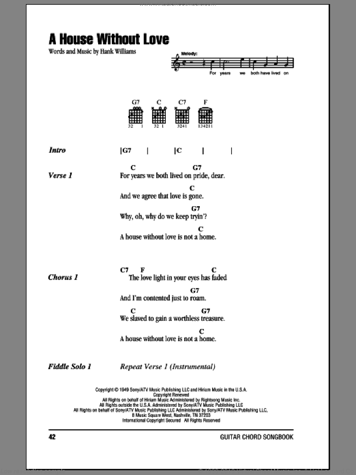 A House Without Love sheet music for guitar (chords) by Hank Williams, intermediate skill level
