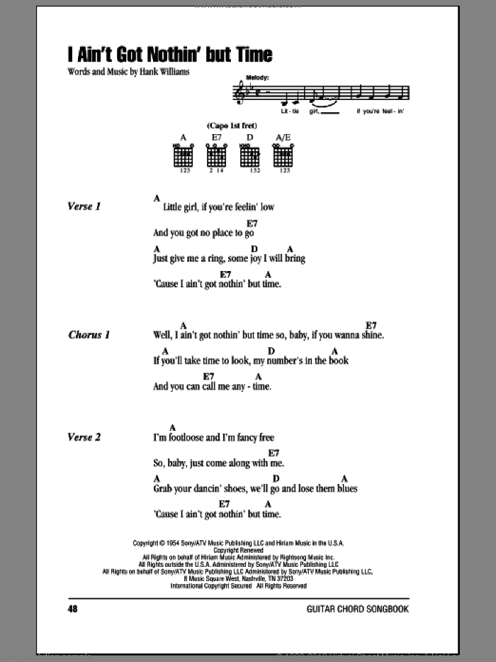 I Ain't Got Nothing But Time sheet music for guitar (chords) by Hank Williams, intermediate skill level