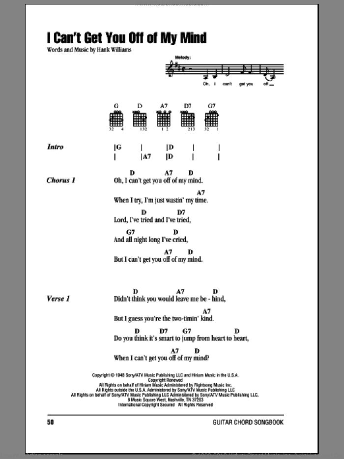 I Can't Get You Off Of My Mind sheet music for guitar (chords) by Hank Williams, intermediate skill level
