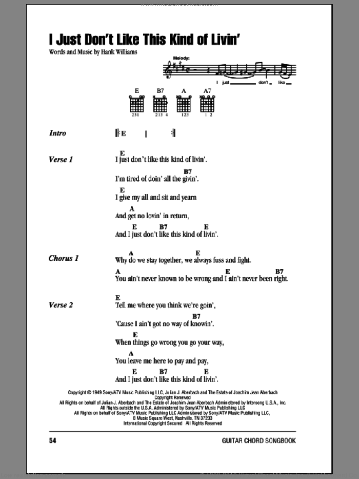 I Just Don't Like This Kind Of Livin' sheet music for guitar (chords) by Hank Williams, intermediate skill level