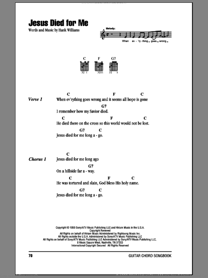 Jesus Died For Me sheet music for guitar (chords) by Hank Williams, intermediate skill level