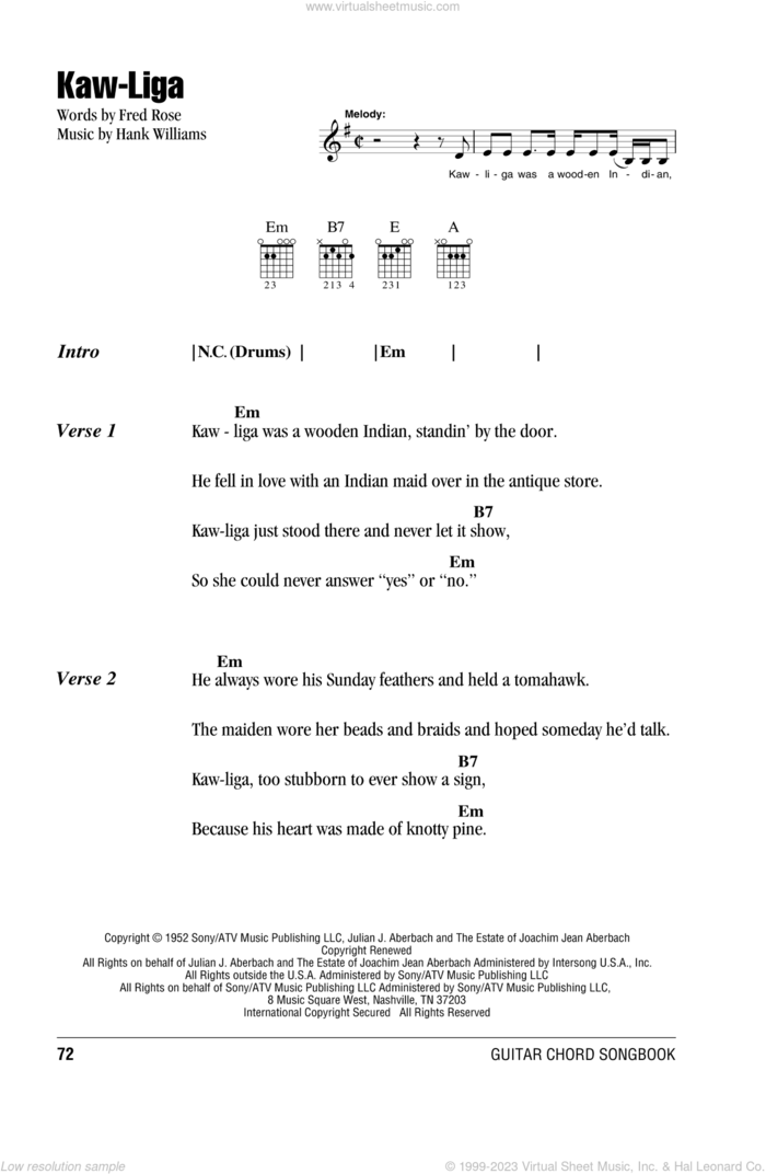 Kaw-Liga sheet music for guitar (chords) by Hank Williams and Fred Rose, intermediate skill level