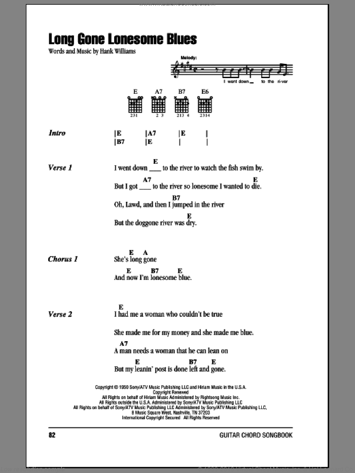 Long Gone Lonesome Blues sheet music for guitar (chords) by Hank Williams, intermediate skill level
