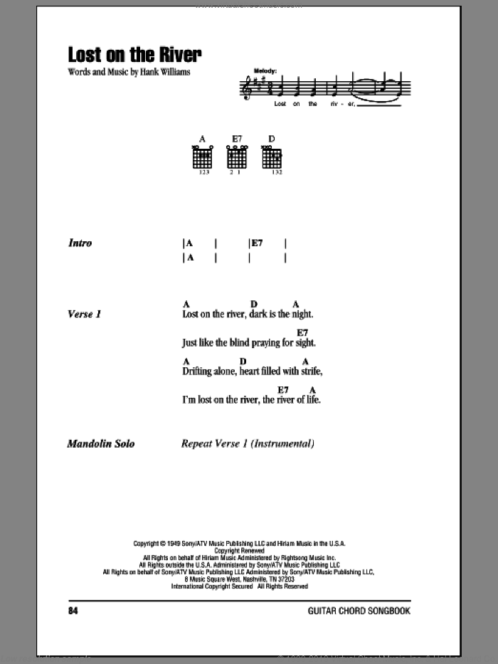 Lost On The River sheet music for guitar (chords) by Hank Williams, intermediate skill level
