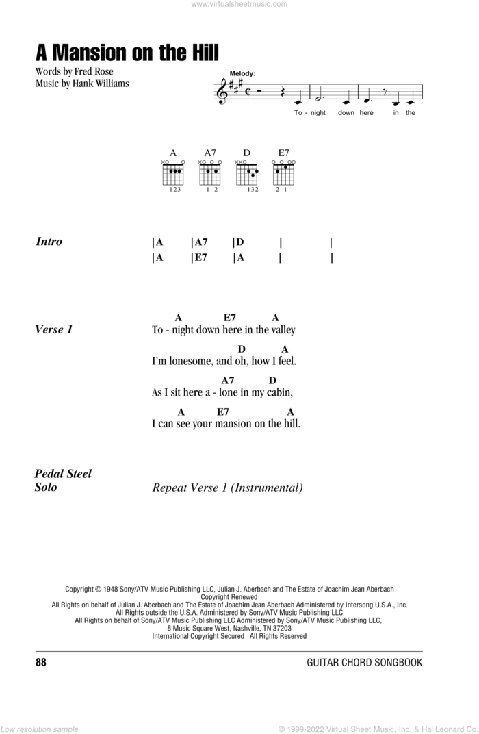 A Mansion On The Hill sheet music for guitar (chords) by Hank Williams and Fred Rose, intermediate skill level