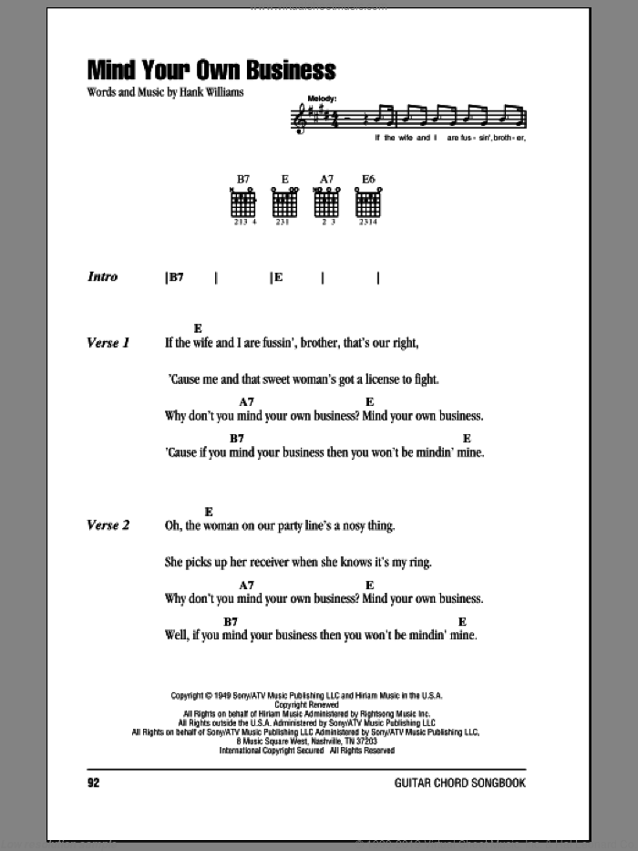 Mind Your Own Business sheet music for guitar (chords) by Hank Williams, intermediate skill level