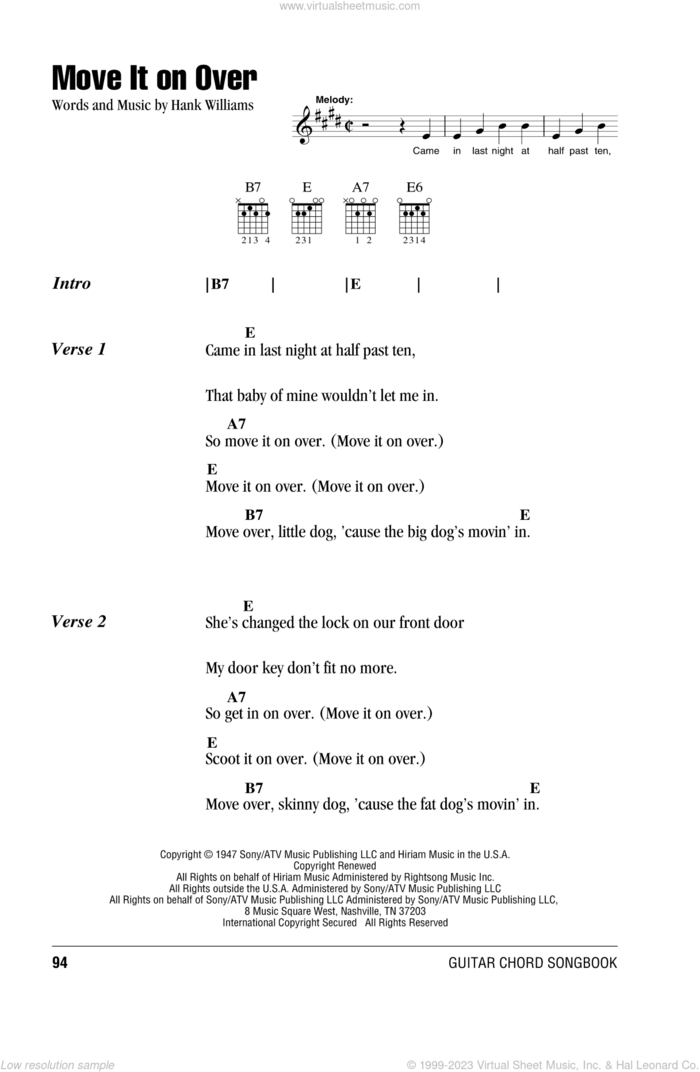 Move It On Over sheet music for guitar (chords) by Hank Williams, intermediate skill level