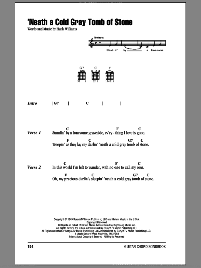 'Neath A Cold Gray Tomb Of Stone sheet music for guitar (chords) by Hank Williams and Mel Foree, intermediate skill level