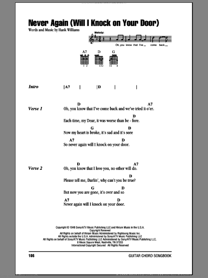 Never Again (Will I Knock On Your Door) sheet music for guitar (chords) by Hank Williams, intermediate skill level