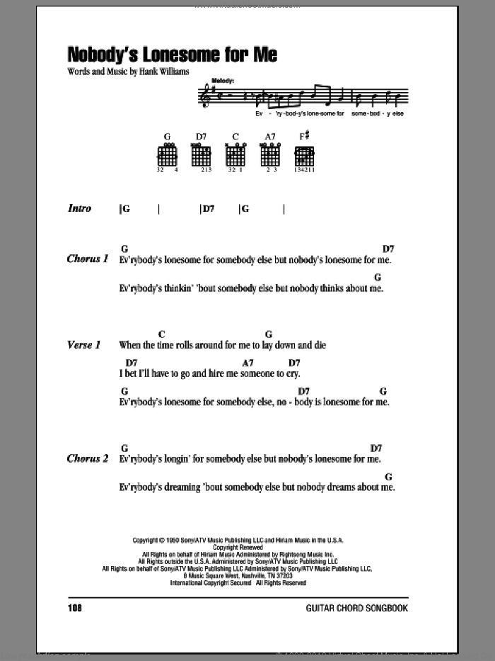 Nobody's Lonesome For Me sheet music for guitar (chords) by Hank Williams, intermediate skill level