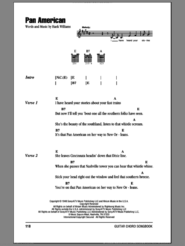Pan American sheet music for guitar (chords) by Hank Williams, intermediate skill level