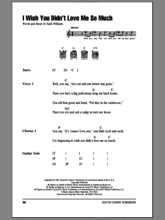 I Wish You Didn't Love Me So Much sheet music for guitar (chords) by Hank Williams, intermediate skill level