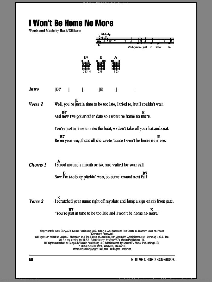 I Won't Be Home No More sheet music for guitar (chords) by Hank Williams, intermediate skill level