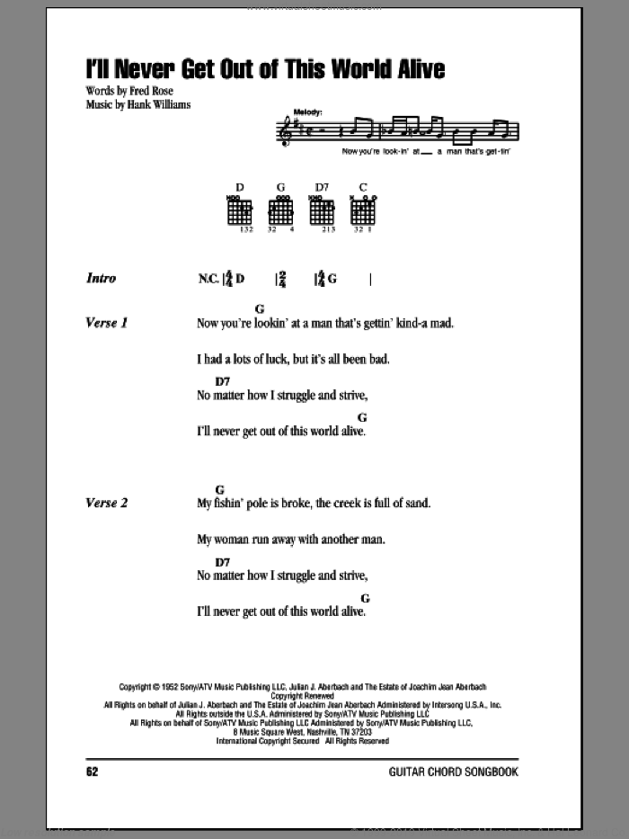 I'll Never Get Out Of This World Alive sheet music for guitar (chords) by Hank Williams and Fred Rose, intermediate skill level