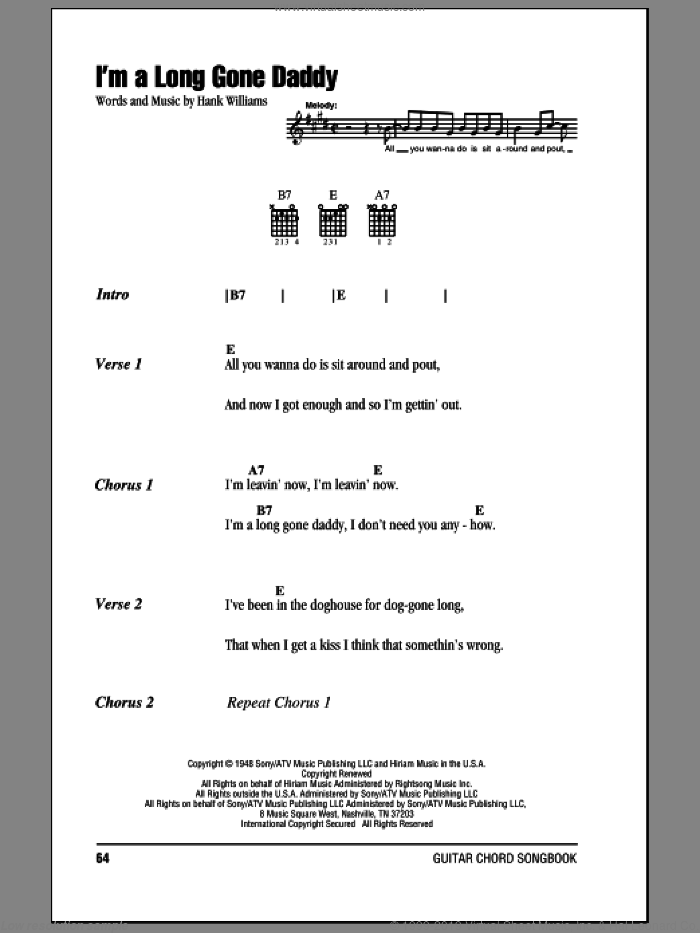 I'm A Long Gone Daddy sheet music for guitar (chords) by Hank Williams, intermediate skill level