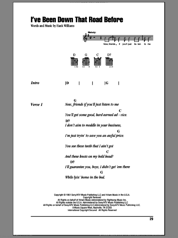 I've Been Down That Road Before sheet music for guitar (chords) by Hank Williams, intermediate skill level