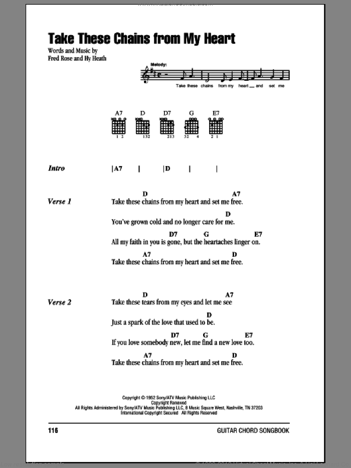 Take These Chains From My Heart sheet music for guitar (chords) by Hank Williams, Fred Rose and Hy Heath, intermediate skill level