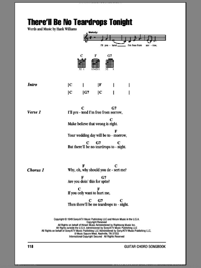 There'll Be No Teardrops Tonight sheet music for guitar (chords) by Hank Williams and Willie Nelson, intermediate skill level