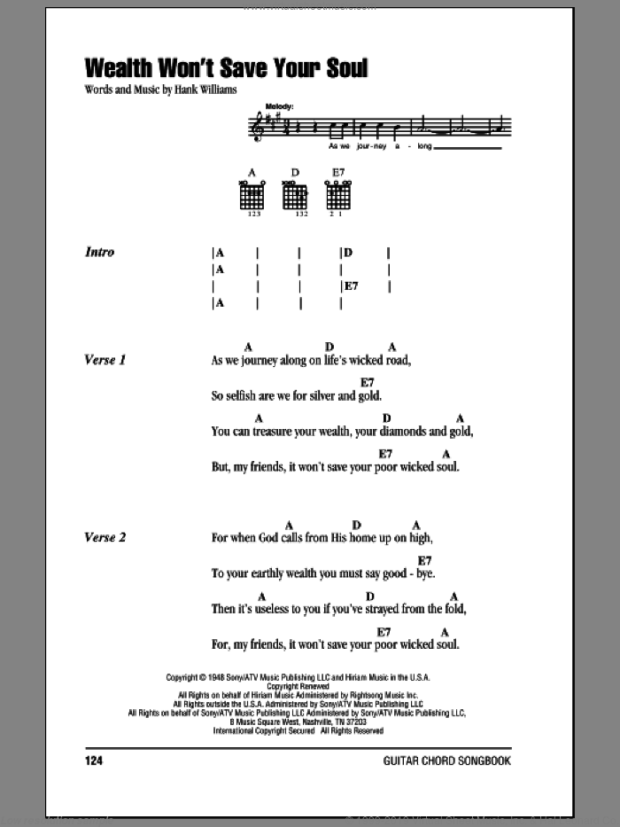 Wealth Won't Save Your Soul sheet music for guitar (chords) by Hank Williams, intermediate skill level