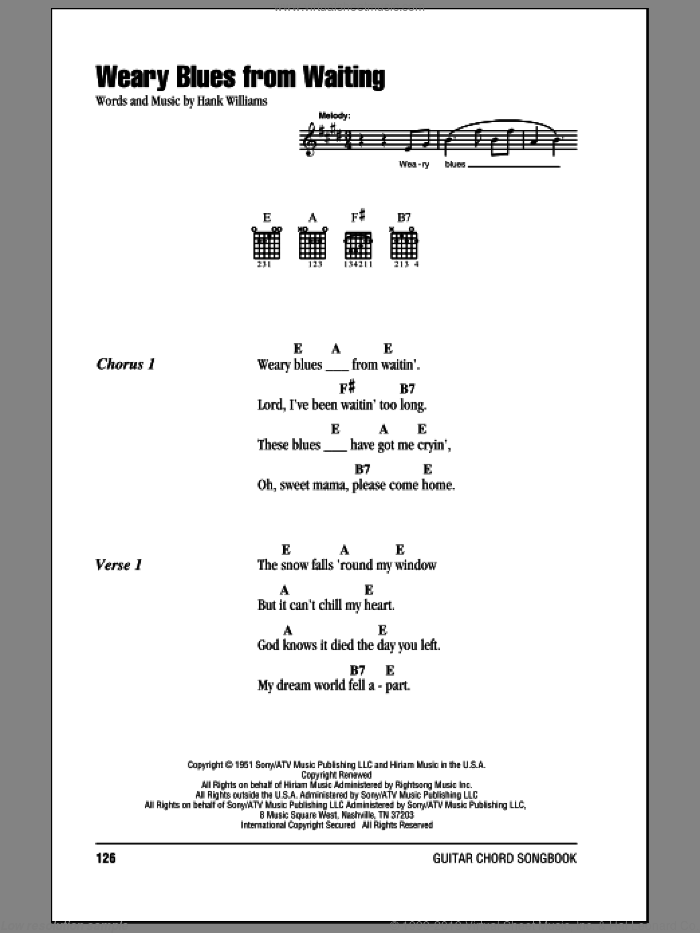 Weary Blues From Waiting sheet music for guitar (chords) by Hank Williams, intermediate skill level